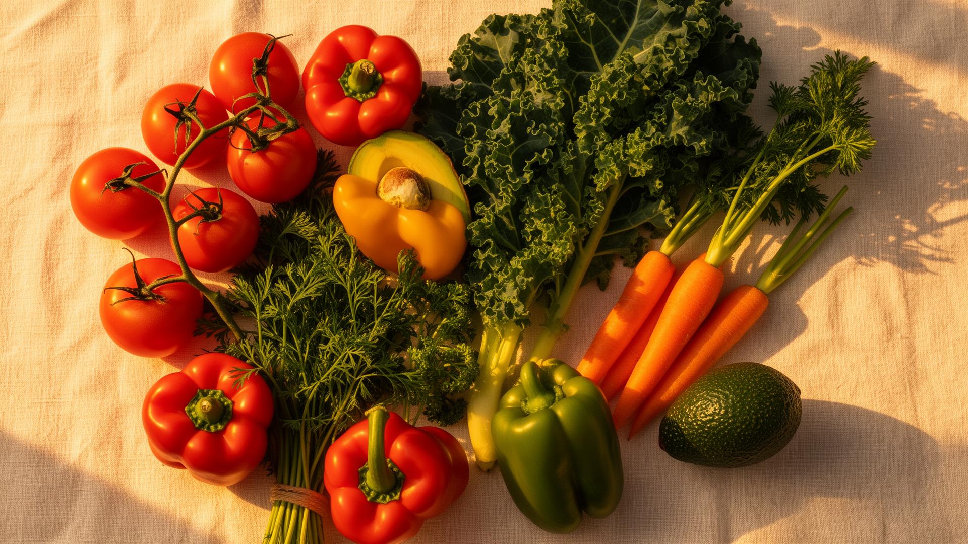 Fresh vibrant vegetables on a sunlit table